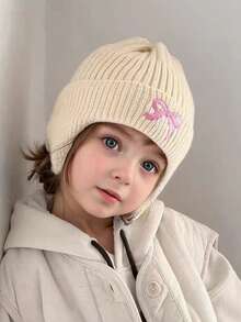 1pc Kids Beanie Hat, Autumn/Winter Thick Knitted Ear Warmer Hat For Girls, Butterfly Decor Warm Headwear, Suitable For Outdoor, Fits 3-8 Years Old - Multicolor - View 3