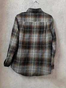 女士优雅百搭通勤休闲格子衬衫 - 长袖，亲肤柔软舒适面料，正面纽扣，宽松上衣带口袋，外观时尚，适合休闲穿着或夜间外出，适合春夏秋冬的女士衬衫上衣 - 灰色 - 查看 7