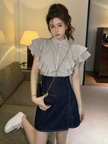 Summer Unique Collar Blouse With Ruffle Trim And Tie, Versatile Striped Shirt For Women - White - View 8