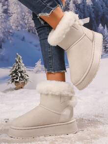 Damskie, jednokolorowe, pluszowe kozaki do połowy łydki z kokardką, ciepłe śniegowce, modne, zimowe botki na platformie z grubą, miękką wyściółką z pluszu, antypoślizgowe, wygodne, grube, śniegowce - Beżowy - Zobacz 5