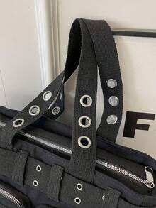 SLIN&LXZQ Vintage Large Capacity Tote Bag, Hot Girls Cool Punk Y2K Shoulder Bag, Women's Rivet Embellished Crossbody & Handbags, Versatile Multiple Pockets Solid Color Outdoor Travel Satchel Bag, Casual Daily Commuter Messenger Shopping Bags - Black - View 7