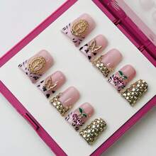 Y2K Duck Nails Short Handmade Press-On Nail Acrylic Nails, 10 Pcs Handmade 2025 Summer Pink Nails Embellished With Leopard Patterns, Gold Charms & Rhinestone Fringes For Party, Wedding, Holiday & Daily Wear-Reusable Gel Acrylic, Easy Application With Jelly Glue Set Included - 彩色 - 查看 3