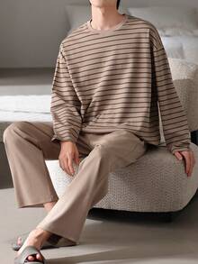 AICJ 2 件男士休闲宽松条纹圆领长袖套头衫和长裤睡衣套装，适合派对、居家、旅行、春季、秋季、冬季、秋季服装