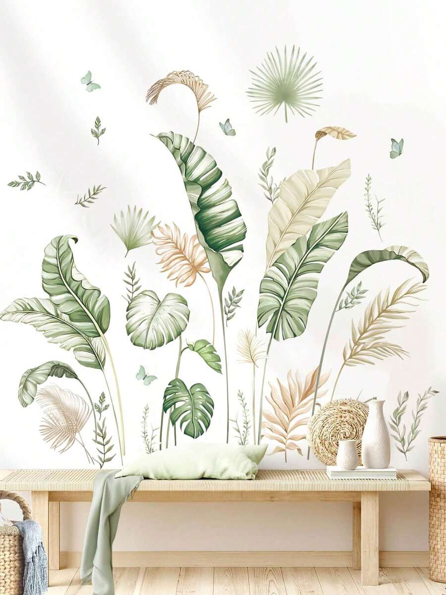 2 piezas Grandes Pegatinas de pared con hojas tropicales bohemias DIY Hojas de palma Vinilos de pared de plantas verdes para decoración de sala de estar, dormitorio, oficina, hogar y habitación