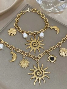1 件复古波西米亚风奢华 18K 镀金不锈钢日月星光手链和项链套装，适合女士，珍珠多层珠宝，妈妈礼物圣诞节感恩节万圣节婚礼狂欢/舞会/派对/日常/海滩配饰周年纪念情人节波西米亚风珠宝生日伴娘礼物 - 彩色 - 查看 13