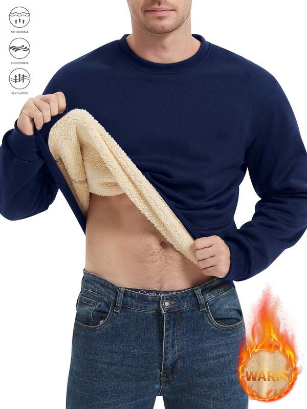 Men's Solid Color Crew Neck Long Sleeve Casual Thermal Lined Thick Sweatshirt, Autumn/Winter