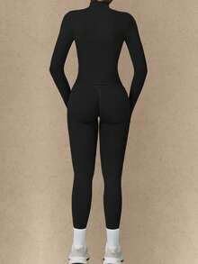 Yefecy 女士纯色拉链运动外套和高腰紧身裤套装，适合瑜伽、健身、跑步、休闲运动和其他场合，黑色春季款 - 黑色 - 查看 4