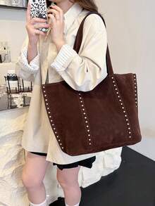 1 Túi đeo vai thời trang dành cho nữ, Túi tote đa năng dung tích lớn dành cho nữ, Trang trí đinh tán, Màu trơn dùng hàng ngày, Thích hợp để mua sắm, đi làm, đi học - Cà phê - Xem 12