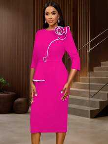 Vestidos midi elegantes con mangas 3/4, volantes asimétricos, flores 3D, bloque de color modesto, atuendos de primavera para mujeres, atuendo para citas, fiestas, vestidos de boda, vestidos de dama de honor, vestidos de graduación, ropa de invitada de boda en otoño, regreso a la escuela