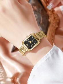 1 pieza Reloj de pulsera de cuarzo con esfera cuadrada casual y elegante para mujer, con correa de acero, estilo de moda (Caja del reloj no incluida) - Dorado - Ver 4