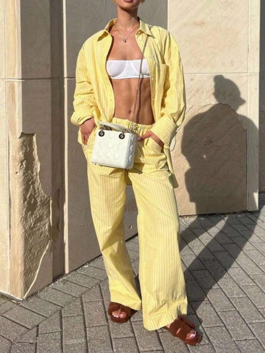 Elegante conjunto de dos piezas de camisa y pantalón de manga larga a rayas para mujer, adecuado para uso diario y vacaciones, conjunto moderno y moderno con colores brillantes, adecuado para todas las estaciones, excelente calidad. - Amarillo - Ver 1