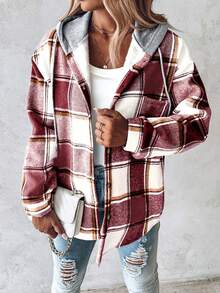ChicMe Women Fleece Lined Plaid Hoodie Coat Button Drawstring Long Sleeve Jacket Casual Stylish Loose Warm Streetwear Daily Outdoor Office Travel - Red - View 5