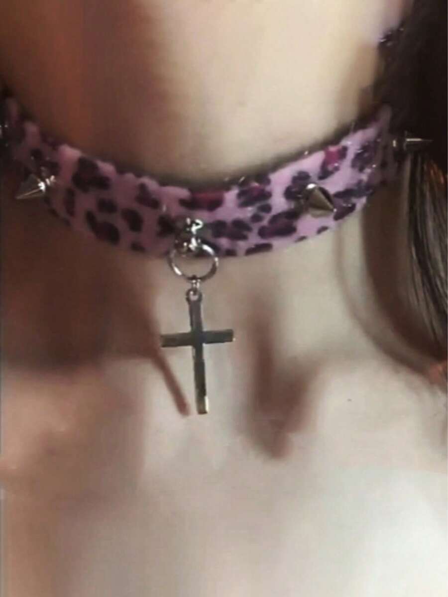 1pc Personalized Cross Purple Plush Leopard Print Collar Fashionable Style Mixed Material Multi-Color Women's Collar Necklace Suitable For Parties, Gatherings, Outings And Fashionable Wear - 彩色 - 查看 1