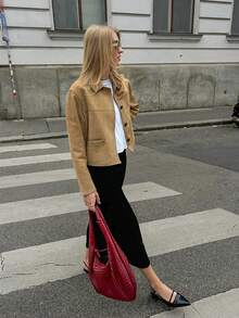 Autumn Thin Stylish Loose Old Money Style Suede Jacket In Khaki Color With Lapel For Women, Featuring Pockets. - Khaki - View 8