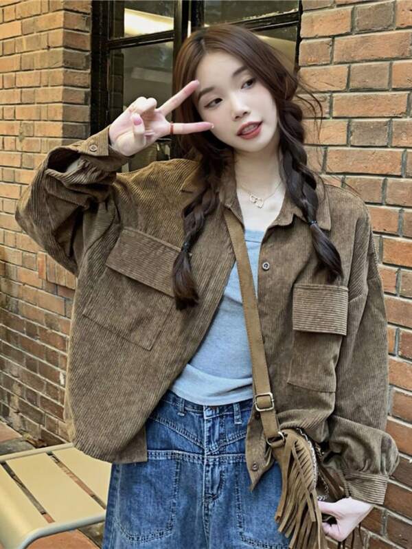 YUXIN Autumn Winter Korean Retro Corduroy Jacket Women - Short Loose Cargo Style Coffee Brown Outerwear For Petite