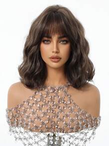 1 件女士合成短波浪鲍勃假发，黑色假发直发，冷棕色假发，短卷发刘海，12 英寸长，适合日常使用，自然逼真的假发，适合万圣节和圣诞节新年狂欢节音乐节角色扮演、女孩礼物、夏季毕业礼物、现成礼物、万圣节圣诞节礼物