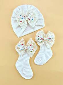 Conjunto de diadema, gorro y calcetines con estampado floral para bebé de 0 a 6 meses, gorro y calcetines para recién nacido, para todas las estaciones - Multicolor - Ver 9