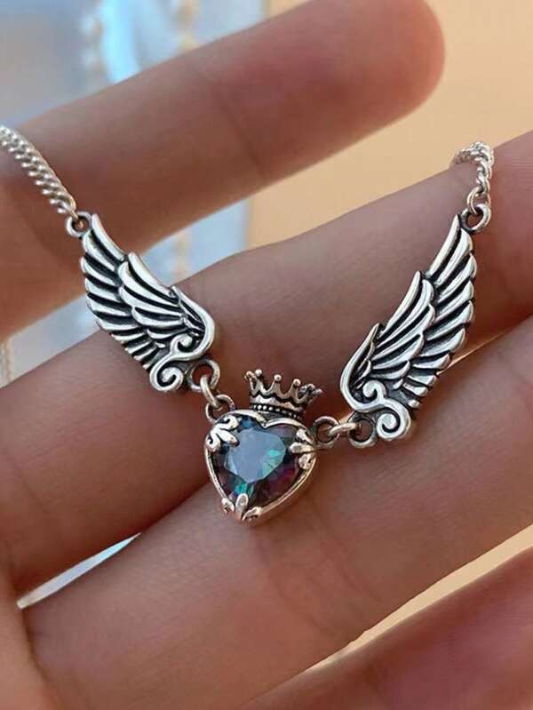 1 pièce Collier vintage avec ailes d'ange, couronne de cœur géométrique et effet vieilli. Convient pour les déplacements quotidiens, les sorties, les fêtes et les cadeaux, unisexe