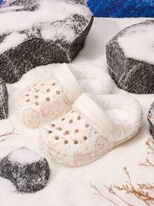 1 Pair Girls' Rabbit Print Warm Thermal Lined Casual Comfortable Indoor Slippers, Suitable For Winter - White - View 2