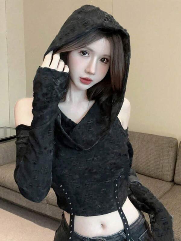 Handmade Distressed Hooded Open Shoulder Long Sleeve T-Shirt, Slim Fit High Waist Unique Crop Top For Women Casual Black Spring