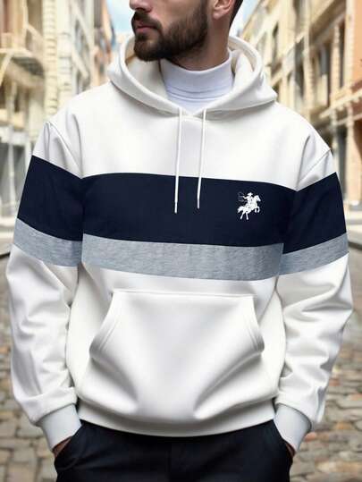 男士休闲运动通勤多功能长袖卫衣，简约马匹剪影印花搭配撞色拼接，保暖内衬，秋冬款