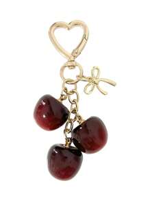 1pc Cherry Fruit Bow Heart Shaped Golden Keychain, Suitable For Car Keys And Bag Decoration