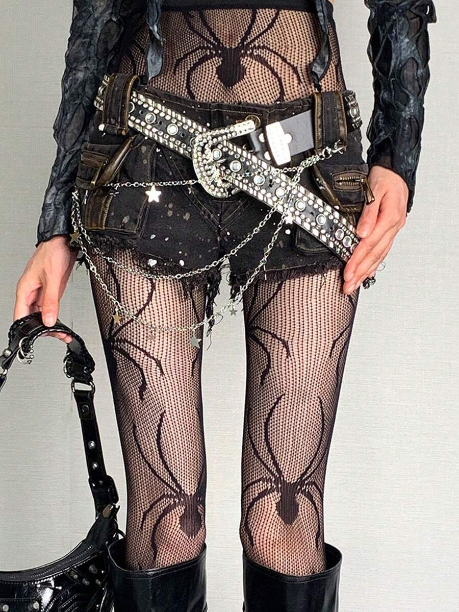 1 件黑色万圣节主题渔网袜，哥特式蜘蛛印花紧身连裤袜 - 黑色 - 查看 1