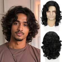 16英寸多功能中长黑色卷发假发，打造独特时尚造型的理想之选。这款耐热合成纤维假发适合日常聚会、父亲节等场合。 - 彩色 - 查看 4