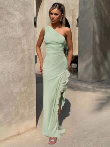 Women's Elegant Ruffle Trim Asymmetric Shoulder Strap Slit Dress