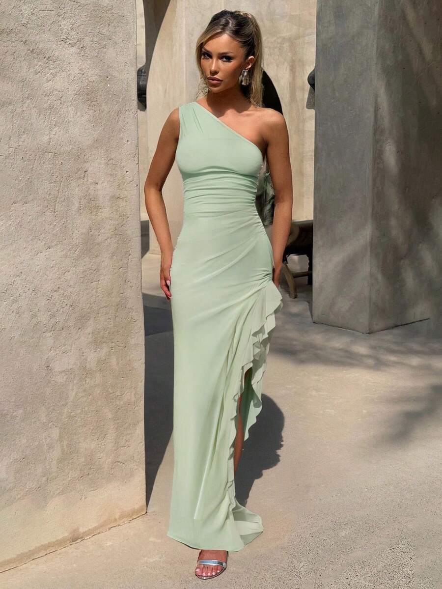 Women's Elegant Ruffle Trim Asymmetric Shoulder Strap Slit Dress