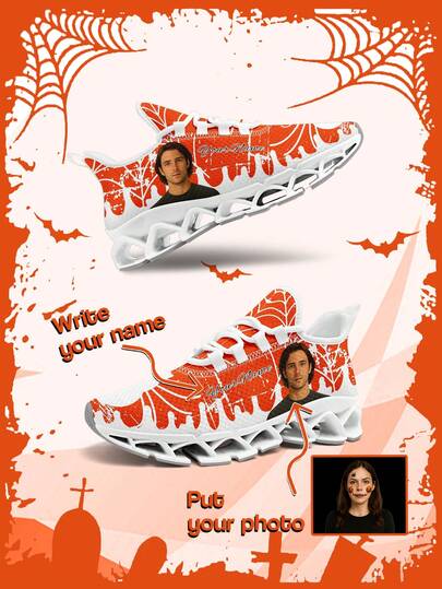 Zapatillas deportivas personalizadas con foto y nombre de hombre con diseño espeluznante para Halloween, suela con cuchilla, ligeras y cómodas, zapatillas de Halloween personalizadas, regalo de Halloween único para mamá/papá/ella/él/novia/novio/esposa/esposo/amigo