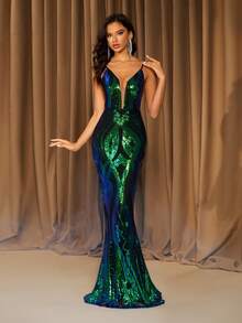 Green Deep V-Neck Sequin Backless Long Evening Gown (Front Top Half, Random Floral Pattern On Back, Not Matched) - Green - View 3
