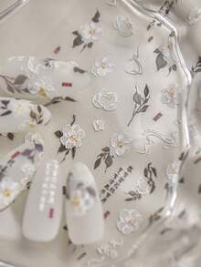 秋季新款1片装5D美甲贴纸梦幻蓝紫珍珠蝴蝶玫瑰花朵蝴蝶结指甲贴贝壳灯设计自粘贴纸美甲装饰花朵指甲贴5D浮雕百合花朵贴纸 - 彩色 - 查看 3