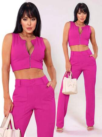 BLOG Conjunto Cropped Zíper e Calça Pantalona c/ bolso – 9470A