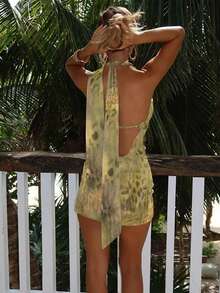 European & American Style Halter Neck Tie Waist Slim Fit Sexy Printed Beach Vacation Dress - Yellow - View 3
