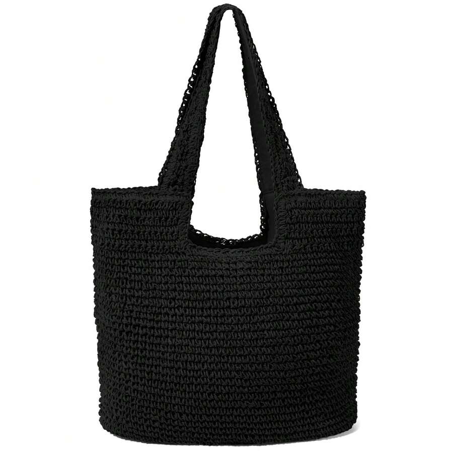 Hatisan Straw Beach Bag For Women Summer Woven Beach Tote Bag Shoulder Handbags Boho Bag - 黑色 - 查看 1