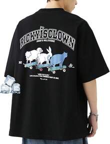 [uptoyou] Camiseta para Hombre, Manga Corta, Patrón de Gato, Un Punto, No Transparente, Algodón, Tacto Suave, Otoño, Absorbe Sudor, Secado Rápido, Silueta Grande, Talla Grande, Linda, Estampado, Cuello Redondo, Tops, Estilo de Calle, Unisex, Capas de Otoño e Invierno - Negro - Ver 1