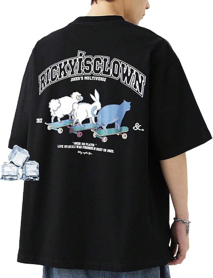 [uptoyou] Camiseta para Hombre, Manga Corta, Patrón de Gato, Un Punto, No Transparente, Algodón, Tacto Suave, Otoño, Absorbe Sudor, Secado Rápido, Silueta Grande, Talla Grande, Linda, Estampado, Cuello Redondo, Tops, Estilo de Calle, Unisex, Capas de Otoño e Invierno - Negro - Ver 1