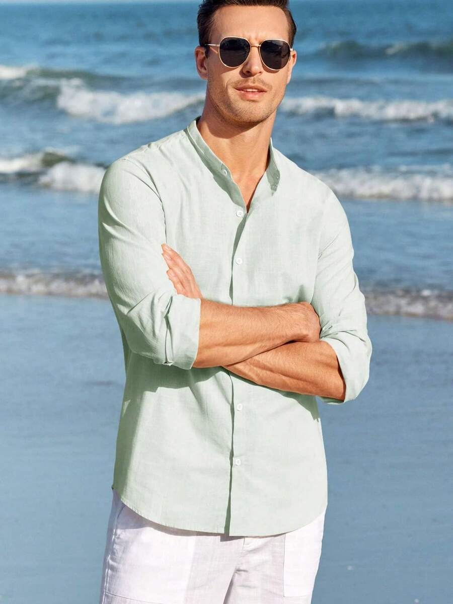 Runcati Men Linen Shirt Button Down Long Sleeve Cotton Beach Band Collar Casual Summer Shirts - 薄荷綠 - 查看 1