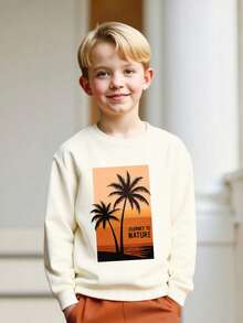 2pcs/Set Boys Casual Coconut Tree & Beach Print Long Sleeve Sweatshirt And Drawstring Sweatpants Outfit, Spring/Autumn - Brown - View 4