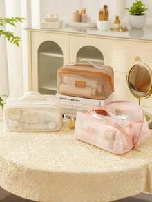 Large Capacity Nylon Mesh Toiletry Bag, Summer Travel Makeup Organizer Bag, Cosmetic Bag, Breathable Multi-Layer Cosmetic Organizer Bag, Portable Travel Makeup Bag, Fashion Travel Toiletry Bag, Makeup Tool Storage Pouch, With Compartments For Toiletries And Makeup Tools, Minimalist Style With Zipper Closure, Top Single-Hand Carry Handle, Perforated Design, Travel Essential, Cruise Must-Have - Multicolor - View 7