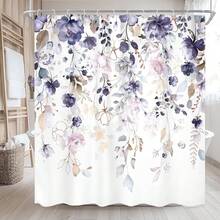 Rèm tắm họa tiết hoa màu hồng và xanh lam, hoa mùa xuân hè, lá bạch đàn, nữ tính, màu nước pastel, phong cách Shabby Chic, thực vật, đồng quê, bồn tắm, phụ kiện trang trí nhà cửa, rèm tắm chống nước 60x72in, có thể giặt bằng máy, rèm tắm mềm mại 66x72in, kèm 12 móc, rèm tắm khô nhanh 36x72in, trang trí phòng tắm - Màu tím - Xem 1