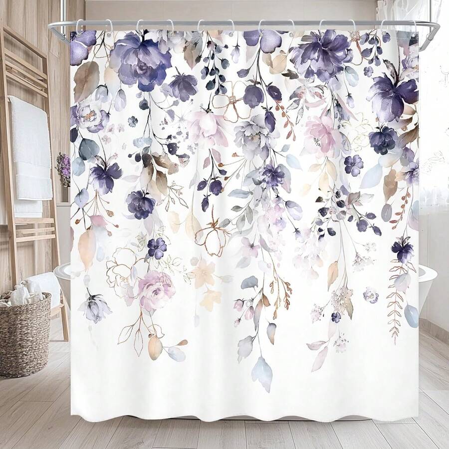 Rèm tắm họa tiết hoa màu hồng và xanh lam, hoa mùa xuân hè, lá bạch đàn, nữ tính, màu nước pastel, phong cách Shabby Chic, thực vật, đồng quê, bồn tắm, phụ kiện trang trí nhà cửa, rèm tắm chống nước 60x72in, có thể giặt bằng máy, rèm tắm mềm mại 66x72in, kèm 12 móc, rèm tắm khô nhanh 36x72in, trang trí phòng tắm - Màu tím - Xem 1