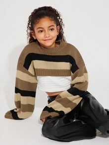 Radiana Tween Girls Brown Color Stripe Pattern Drop Shoulder Super Crop Y2K Grunge Sweater, Suitable For Daily Wear, Casual Occasion - Khaki - View 1