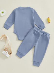Newborn Baby Boys Outfit Waffle Knit Long Sleeve Mama's Boy Embroidery Sweatshirt Top Pants Set Infant Bodysuit Fall Winter Clothes - Màu xanh lam - Xem 7
