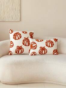 1pc Thanksgiving Beige Pumpkin Embroidered Throw Pillow Cover, Suitable For Indoor Decor, Harvest Festival Decorative Pillow Cover, Pillow Insert Not Included - Beige - View 2