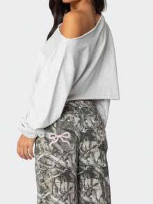 Women's Thin Sweatshirt, Fashionable Solid Color Slant Collar Long Sleeve Casual Short Sweatshirt, Spring And Fall Women Clothes, For Daily Street Wear - 灰 - 查看 5