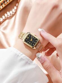 1 pieza Reloj de pulsera de cuarzo con esfera cuadrada casual y elegante para mujer, con correa de acero, estilo de moda (Caja del reloj no incluida) - Dorado - Ver 2