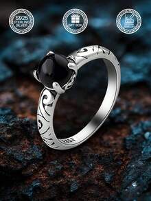 1 件 S925 纯银复古黑玛瑙珠戒指，几何图案情侣戒指，适合日常佩戴、婚礼誓言、情人节、母亲节、音乐节礼物，附赠礼盒 - 復古原子款 - 查看 2