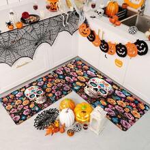 1pc Thickened 0.47 Inch/1.2cm Halloween Colorful Skull Pattern Kitchen Mat, Rose Background Non-Slip Polyester Floor Mat, Suitable For Bathroom, Bedroom, Game Room, Indoor And Outdoor Day Of The Dead Decoration Halloween Party - Multicolor - View 6